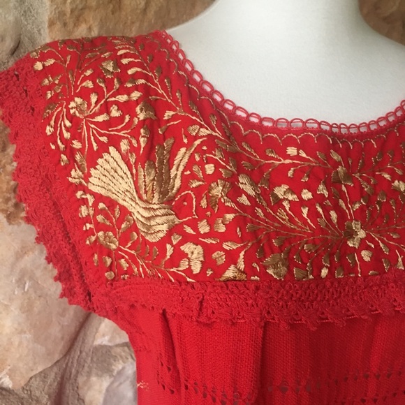 Dresses & Skirts - Red with gold embroidery Mexican Oaxacan  dress